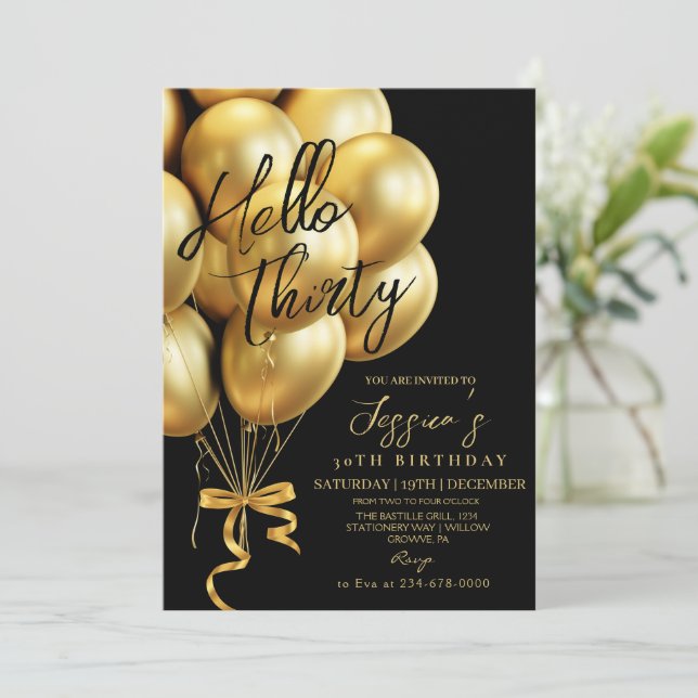 Invitación Modern  Gold Script Black Hello Thirty Birthday (Anverso de pie)