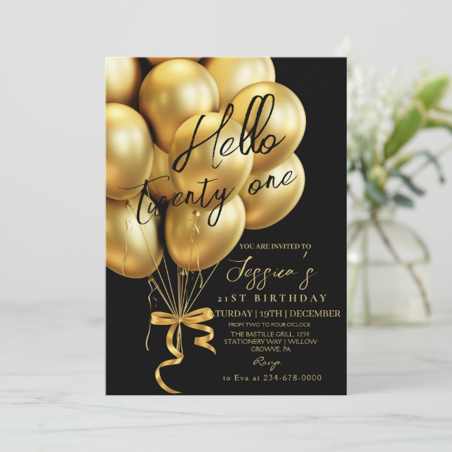 Invitación Modern Gold Script Black Hello Twenty One Birthday (Anverso de pie)