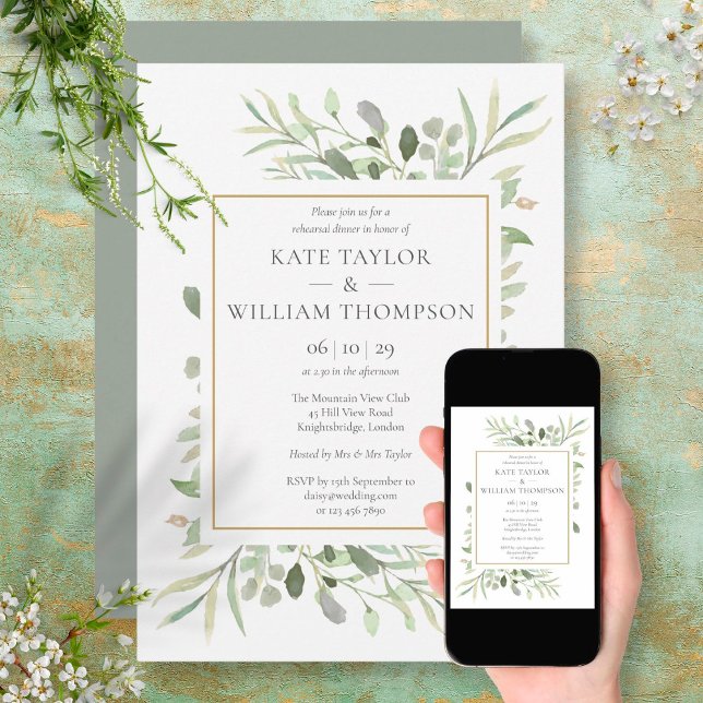 Invitación Modern Gold Watercolour Greenery Rehearsal Dinner (Subido por el creador)