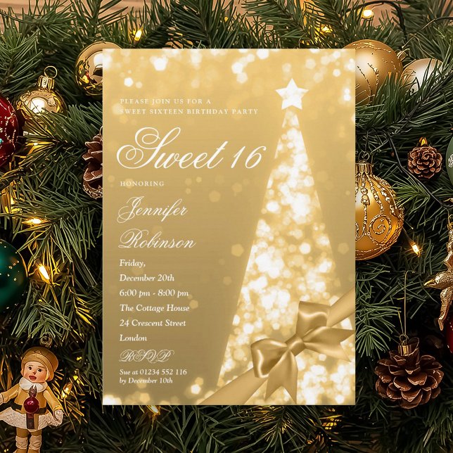 Invitación Modern Gold Xmas Tree Bow Sweet 16 Birthday Party (Modern Gold Xmas Tree Bow Sweet 16 Birthday Party Invitation)