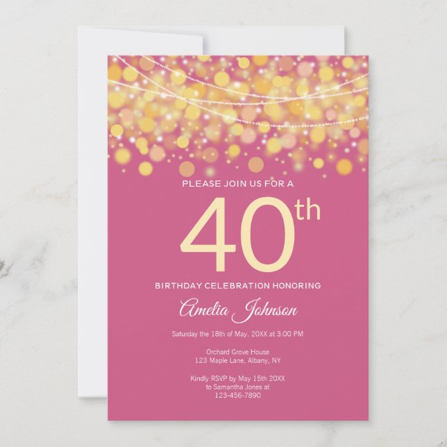 Invitación Modern Gold y Pink String luces 40 cumpleaños (Anverso)