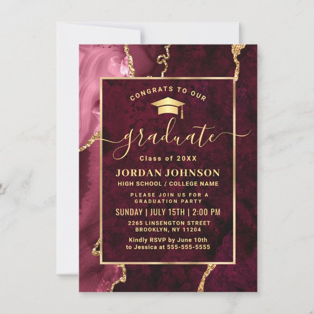 Invitación Modern Golden Burgundy Marble Graduation Party  (Anverso)