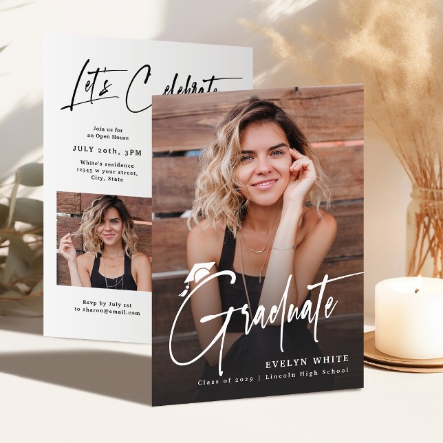 Invitación Modern Grad Cap Script 4 Photo Simple Graduation (Modern Grad Cap Script 4 Photo Simple Graduation Invitation)