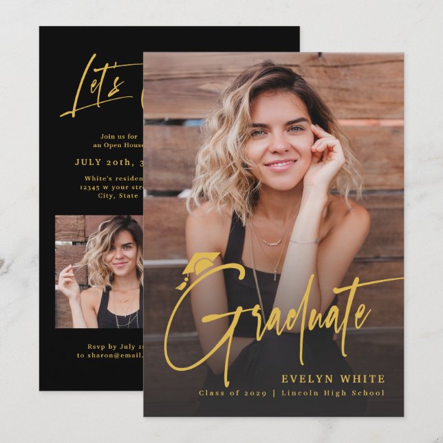 Invitación Modern Grad Cap Script 4 Photo Simple Graduation (Anverso / Reverso)