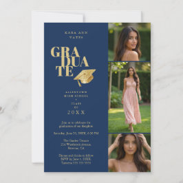 Invitación Modern Graduate Collage 3-Photos Navy Blue & Gold