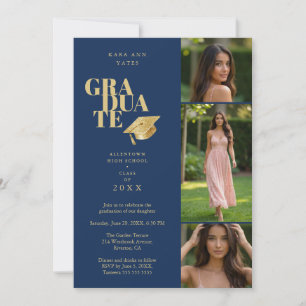 Invitación Modern Graduate Collage 3-Photos Navy Blue & Gold