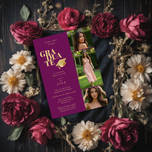 Invitación Modern Graduate Collage 3-Photos Plum & Gold