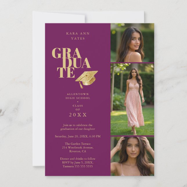 Invitación Modern Graduate Collage 3-Photos Plum & Gold (Anverso)