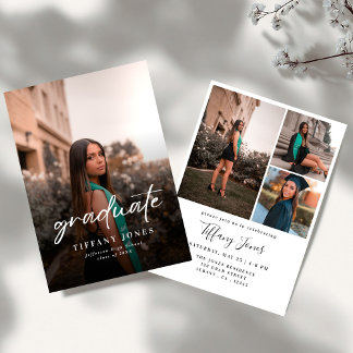 Invitación Modern Graduate White Script 4 Photos Graduation  