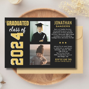 Invitación Modern Graduation Party with 2 Photos in Black
