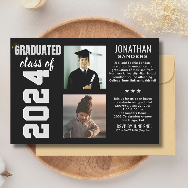 Invitación Modern Graduation Party with 2 Photos in Black (Subido por el creador)