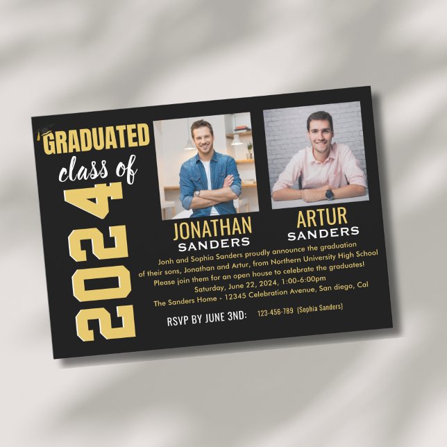 Invitación Modern Graduation Party with 2 Photos in Black (Subido por el creador)