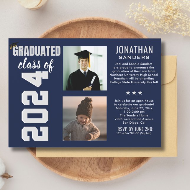 Invitación Modern Graduation Party with 2 Photos in Blue (Subido por el creador)