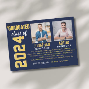 Invitación Modern Graduation Party with 2 Photos in Blue