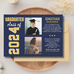 Invitación Modern Graduation Party with 2 Photos in Blue