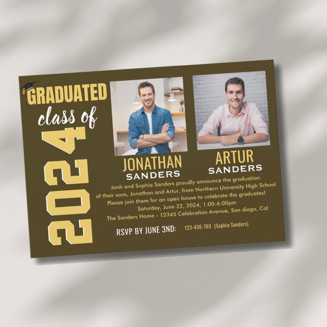 Invitación Modern Graduation Party with 2 Photos in Brown (Subido por el creador)