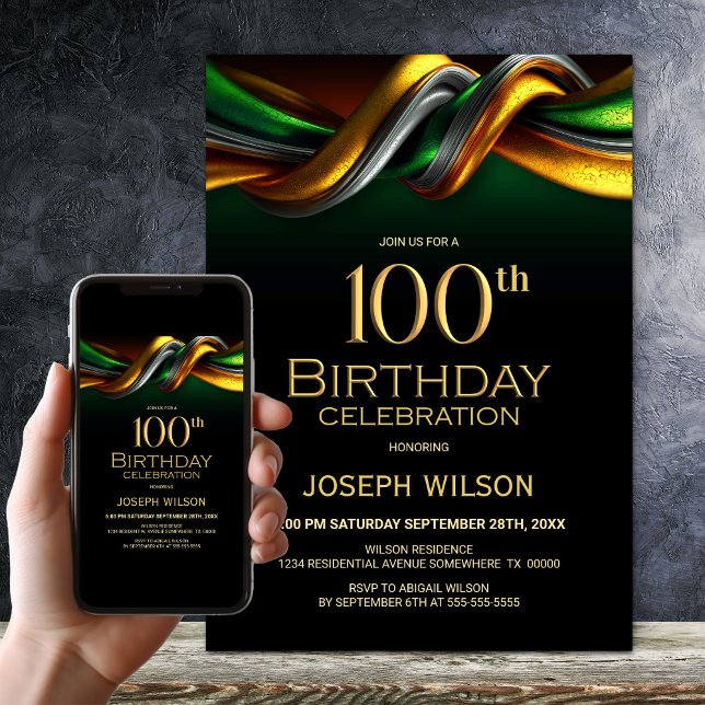 Invitación Modern Green and Gold 100th Birthday Party (Subido por el creador)