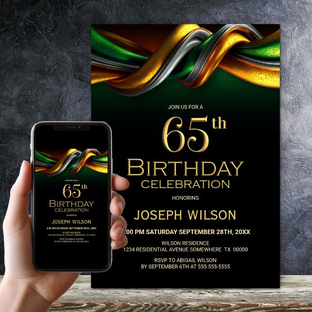 Invitación Modern Green and Gold 65th Birthday Party (Subido por el creador)