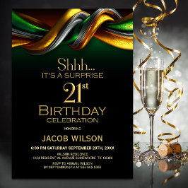 Invitación Modern Green and Gold Surprise 21st Birthday Party