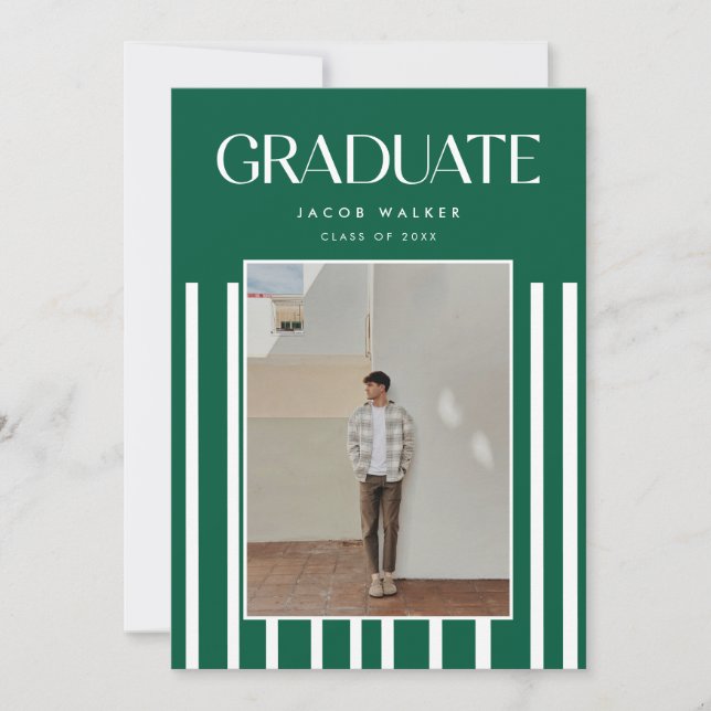 Invitación Modern Green Bold 2-Photo Striped Graduation Party (Anverso)