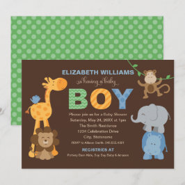 Invitación Modern Green Brown Jungle Animals Boy Baby Shower