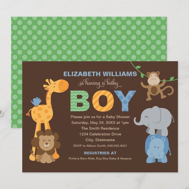 Invitación Modern Green Brown Jungle Animals Boy Baby Shower (Anverso / Reverso)