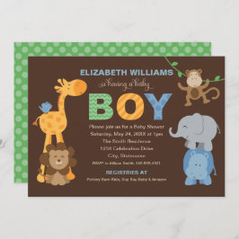 Invitación Modern Green Brown Jungle Animals Boy Baby Shower