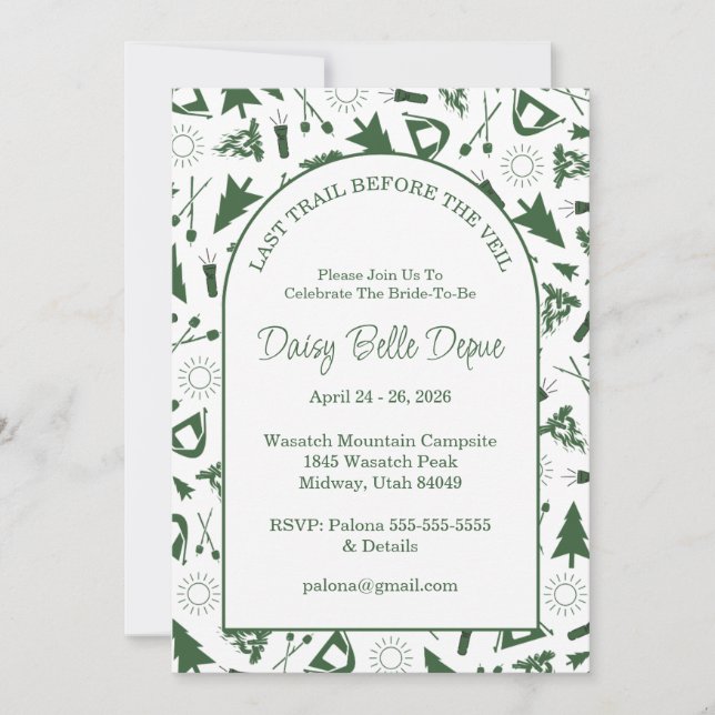 Invitación Modern Green Camp Bachelorette Weekend (Anverso)