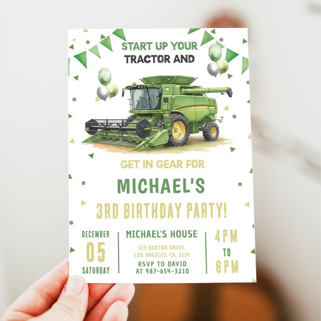 Invitación Modern Green Farm Tractor 3rd Birthday Invitation (Subido por el creador)