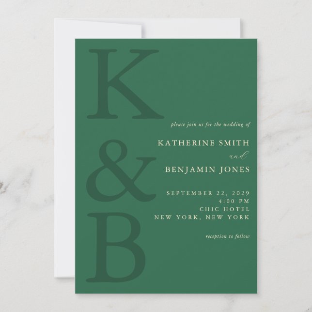 Invitación Modern Green Monogram Minimalist Wedding (Anverso)