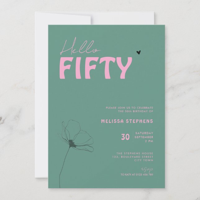 Invitación Modern Green Pink Hello Fifty Typo 50th Birthday (Anverso)