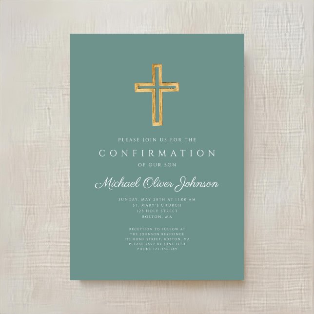 Invitación Modern Green Religious Cross Boy Confirmation (Modern Green Religious Cross Boy Confirmation Invitation)