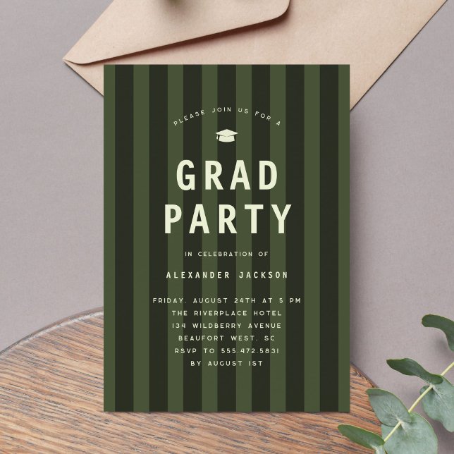 Invitación Modern Green Sporty Stripes Graduation Party (modern, green, sporty stripes graduation party invitation)