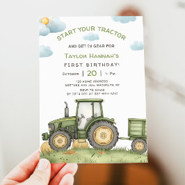 Invitación Modern Green Tractor 1st Birthday Party