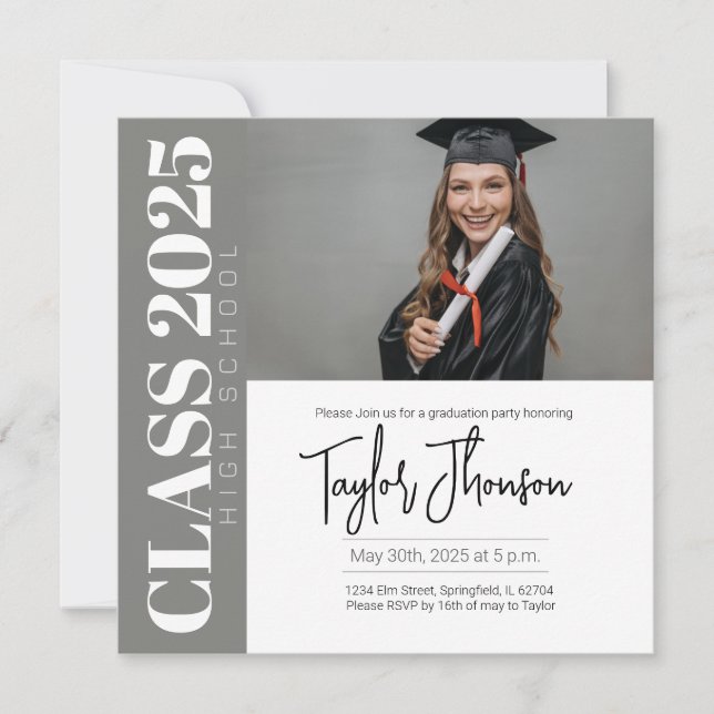 Invitación Modern grey Graduation Party Invitation With photo (Anverso)