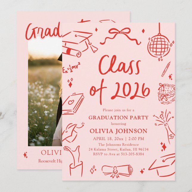 Invitación Modern Hand Drawn Class of 2026 Graduation Party (Anverso / Reverso)