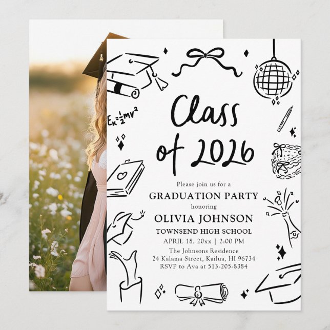 Invitación Modern Hand Drawn Class of 2026 Graduation Party (Anverso / Reverso)