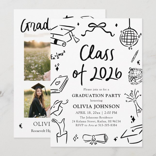 Invitación Modern Hand Drawn Class of 2026 Graduation Party (Anverso / Reverso)