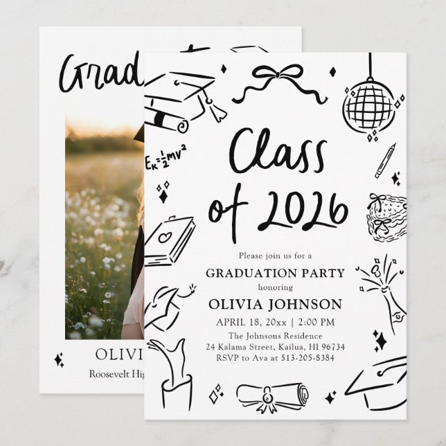 Invitación Modern Hand Drawn Class of 2026 Graduation Party (Anverso / Reverso)