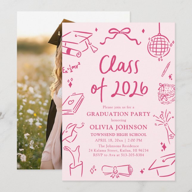 Invitación Modern Hand Drawn Class of 2026 Graduation Party (Anverso / Reverso)