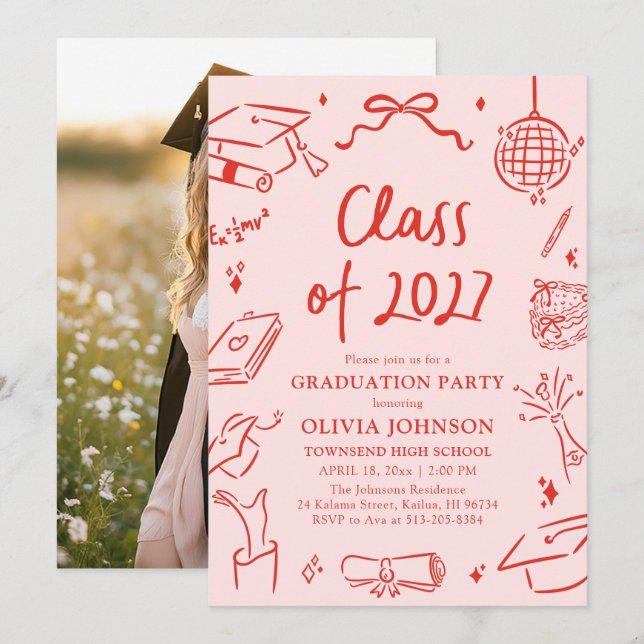 Invitación Modern Hand Drawn Class of 2027 Graduation Party (Anverso / Reverso)