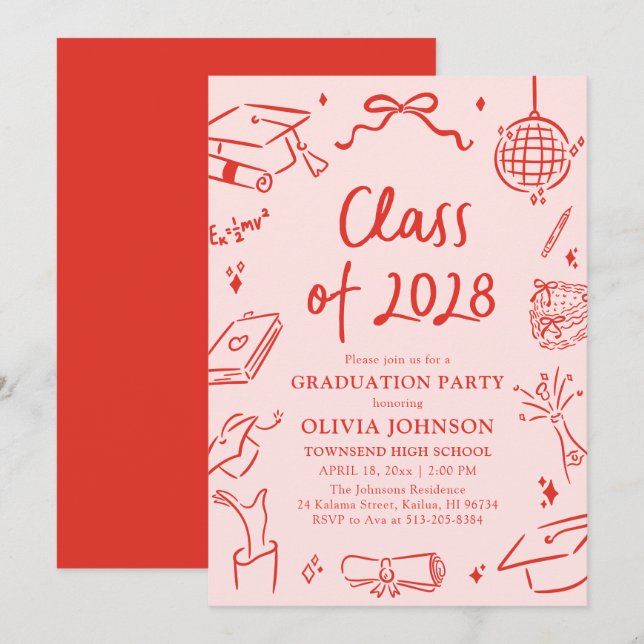 Invitación Modern Hand Drawn Class of 2028 Graduation Party (Anverso / Reverso)