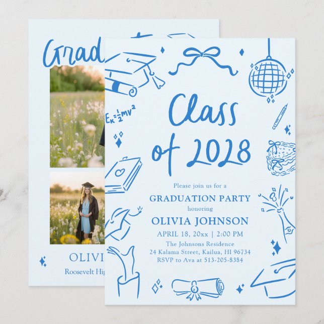 Invitación Modern Hand Drawn Class of 2028 Graduation Party (Anverso / Reverso)