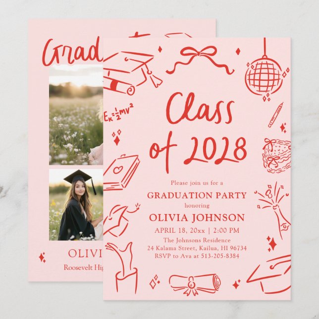 Invitación Modern Hand Drawn Class of 2028 Graduation Party (Anverso / Reverso)