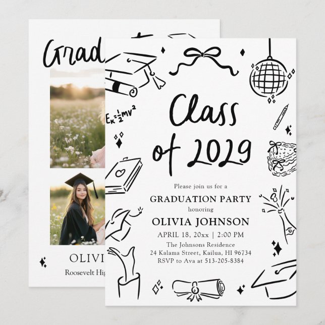 Invitación Modern Hand Drawn Class of 2029 Graduation Party (Anverso / Reverso)