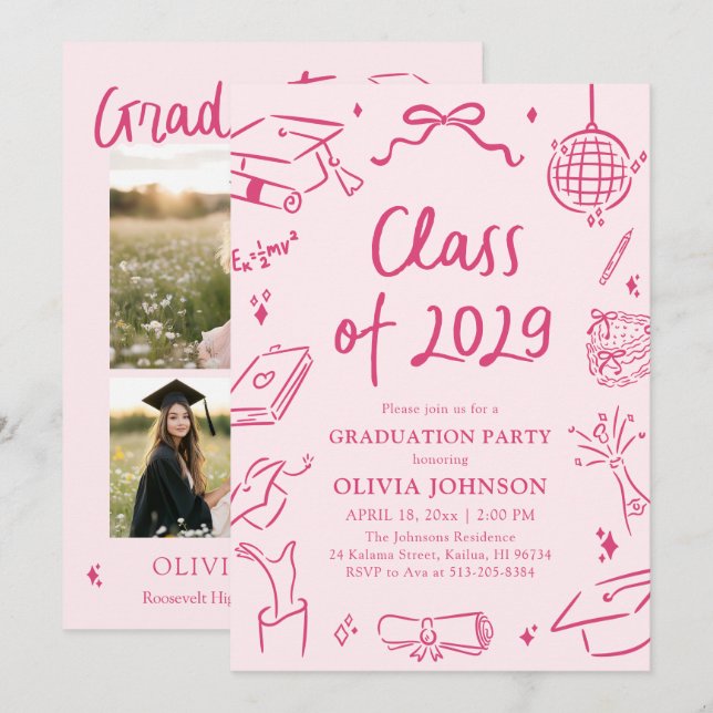 Invitación Modern Hand Drawn Class of 2029 Graduation Party (Anverso / Reverso)