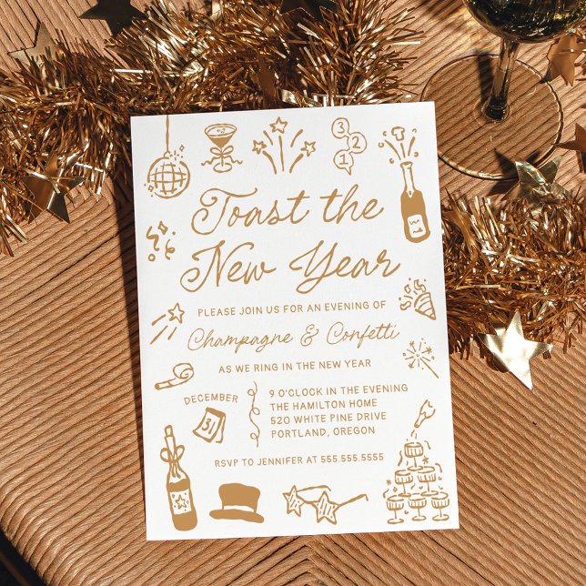 Invitación Modern Hand Drawn Gold Doodle New Year’s Eve Party (Subido por el creador)