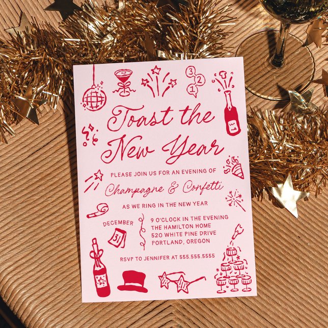 Invitación Modern Hand Drawn Red Doodle New Year’s Eve Party (Subido por el creador)