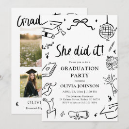 Invitación Modern Hand Drawn She did it Graduation Party