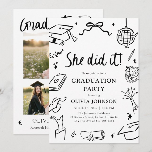 Invitación Modern Hand Drawn She did it Graduation Party (Anverso / Reverso)